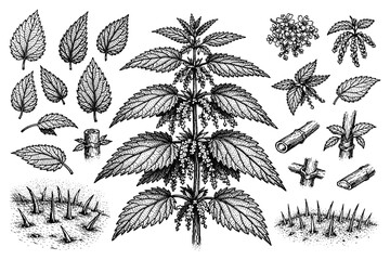 Obraz premium Detailed botanical illustration of urtica dioica with leaves, stems, and flowers in black and white