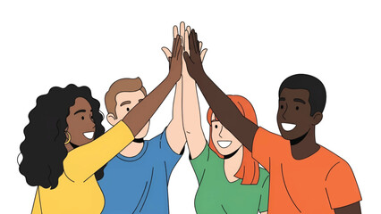 Four diverse friends smiling and joining hands high above in a celebratory group high-five together