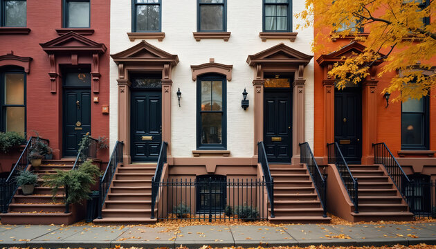 Terraced houses with classic brownstone architecture line a New York street in vibrant autumn. Colorful leaves trash the sidewalks and steps of these charming residential homes.