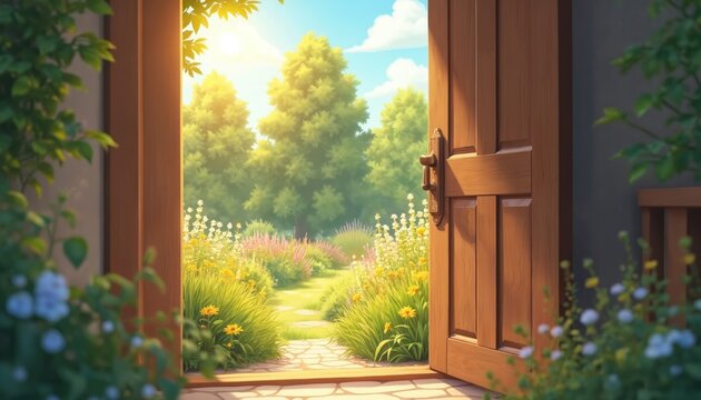 Open wooden door reveals vibrant garden pathway lined with blooming flowers and rich green trees under a bright sunny sky. Nature, tranquility, and fresh beauty await beyond.