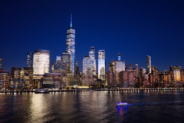New York skyline. NYC skyline with Hudson landscape. Manhattan at night. New York City panoramic skyline. NYC aerial cityscape. New York City downtown at night. New York panoramic cityscape.
