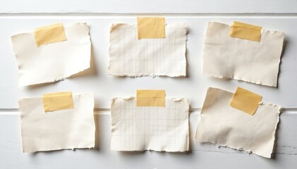 Six blank paper notes with torn edges are taped to a white wooden surface. Some notes have faint grid lines. This arrangement provides ample copy space for messages or reminders.