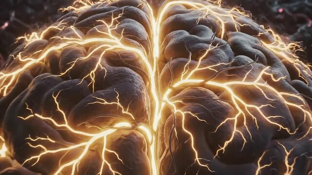 Brain glowing neural network with electric impulses and brain activity in dark background, scientific research showing detailed texture, lighting, and dynamic energy particles illustration