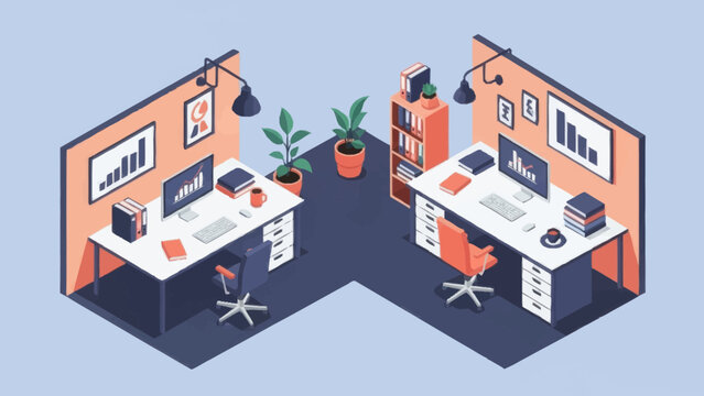 Isometric office workspace with two desks and office supplies.