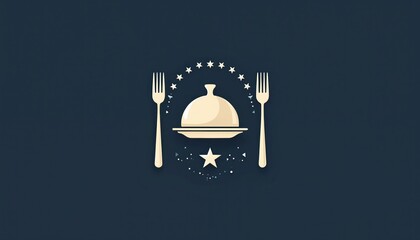 Stylized logo depicts covered dish flanked by forks and stars. Minimalist graphic represents fine dining, culinary arts, or restaurant branding.