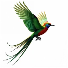 Fototapeta premium Colorful exotic bird with long tail feathers flies gracefully. Green red blue yellow bird in motion. Wildlife avian creature, beauty in nature. Bird species in flight.