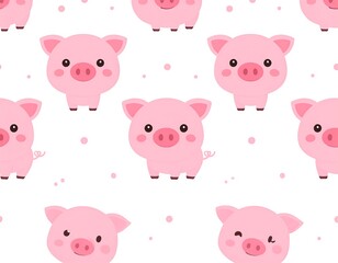 Obraz premium Pink pigs with cute expressions and small curled tails are evenly spaced against a white background with small pink dots