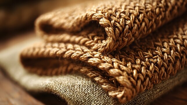Close-up view of intricately woven natural raffia with a coarse fibrous texture layered over burlap fabric.