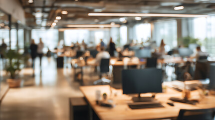 A modern office setting with blurred coworkers working, featuring desks, computers, and an open layout.