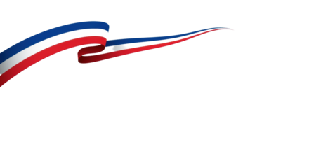 stylized french tricolore flag (bleu blanc rouge) rendered as a thick, dynamic, high-contrast vector ribbon on a transparent background, concept for french national identity