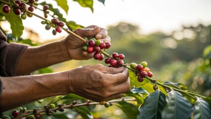 Hands Harvesting Fresh Coffee Cherries in Lush Green Coffee Plantation at Sunset