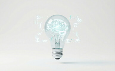 Digital brain glowing inside a lightbulb surrounded by mathematical symbols, symbolizing innovation, intelligence, and scientific solutions.