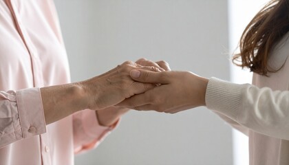 Close Up of Interlocked Hands Shows Care and Support in Soft Lighting with Pink Blouse and White Background