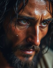 Obraz premium Close-up emotive portrait of Jesus Christ in prayer. Man face with tears on skin, sweat glistening. Intense gaze, deep religious feeling, spiritual moment.