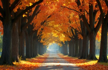 Fototapeta premium Tree lined road with colorful autumn leaves. Sunlight filters through branches creating a warm, inviting path. Fallen leaves carpet the ground and sides of the asphalt lane.