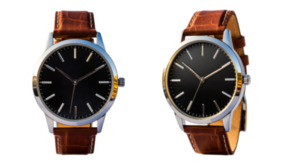 Brown leather watch with black dial and silver case an isolated on a white background.