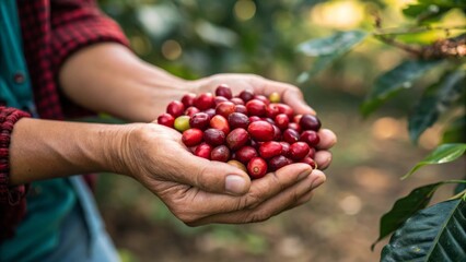 Hands Holding Freshly Harvested Coffee Cherries in a Lush Coffee Plantation Garden