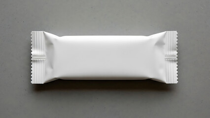 White rectangular snack bar wrapper with crimped edges on gray surface packaging