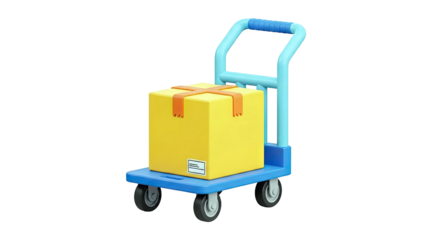 3D Render of Yellow Box on Blue Dolly with White Background