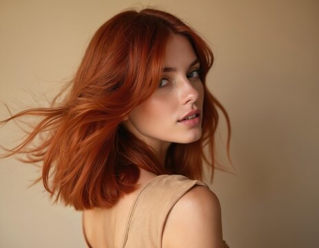 Young woman with vibrant red bob hair, looking over shoulder. Healthy shiny locks move gently. Elegant female beauty portrait showcases natural style and rich auburn color.