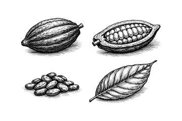 Hand-drawn cacao pods and beans with leaf sketch