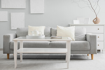 Interior of stylish living room with grey sofa, table and paintings