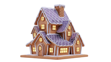 Gingerbread house with purple roof and snowy trim