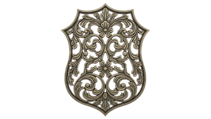 Intricate gold ornamental shield design isolated on transparent background