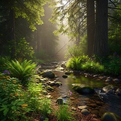 Sunlit forest stream meanders through lush, dense woodland vegetation
