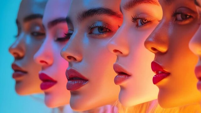 Beautiful women with colorful lighting and makeup in a row.