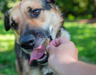 Close-Up of Hands Giving a Dog a Treat. Pets + Human Bonding. A high-quality macro photograph of a person's hand gently offering an training treat to the open mouth of a well-groomed mixed-breed dog.
