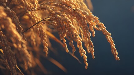 Golden rice grains illuminated by sunlight, showcasing the intricate detail of a ripening crop ready for harvest