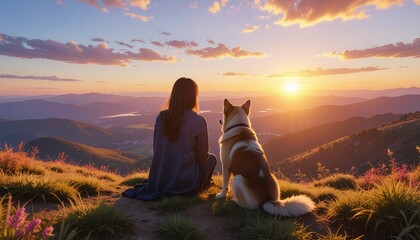Dog and Owner Watching Sunset from a Hilltop. Pets + Human Bonding. Person sitting on the ground on a grassy hilltop with their dog sitting beside them both looking out at a dramatic sunset.
