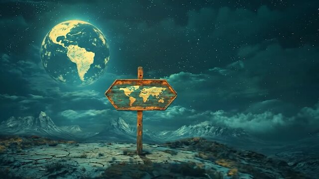Conceptual image of Earth with a world map signpost in the landscape.