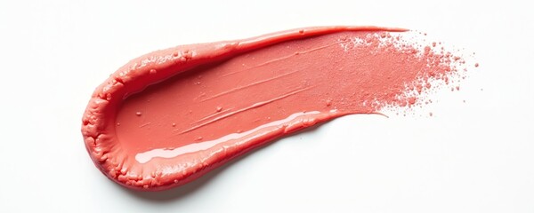Coral lipstick smear on white background shows smooth creamy texture and fine powder particles. This cosmetic product offers a warm peachy tone for beauty blogs and ads. A versatile makeup element.