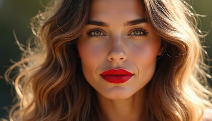 Fototapeta premium Attractive woman with wavy brown hair and bright red lips smiles warmly. Sunlight catches her face highlighting green eyes. She has natural makeup.