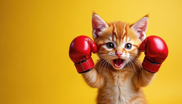 Cute ginger kitten wears red boxing gloves on bright yellow background. Small cat looks ready to fight, showing teeth, playful spirit. Fun feline illustration perfect for various creative uses.