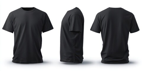 Vibrant photo of Black t-shirt mockup set showing front, side, and back views isolated on white background