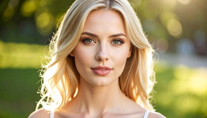 Naklejka premium Portrait of a fair-skinned woman with wavy blonde hair, looking directly at the viewer with a soft, warm glow