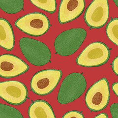 Colorful seamless avocado doodle pattern with a modern playful look. Ideal for food packaging, fabric prints, wallpapers, and creative backgrounds.