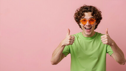 Happy young man giving thumbs up while wearing stylish sunglasses and a green tshirt