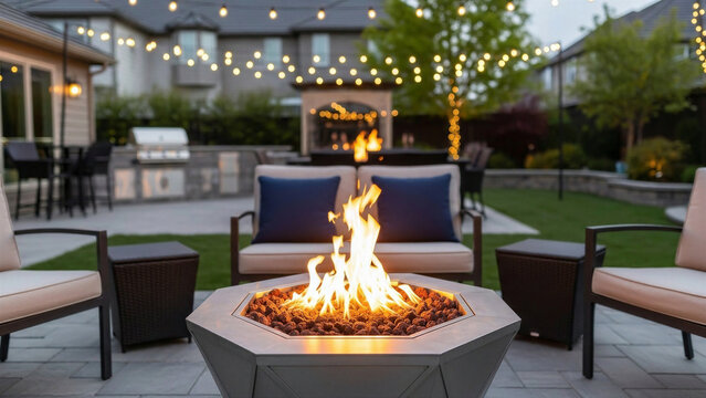 Cozy outdoor fire pit with seating area illuminated by string lights at dusk in backyard setting