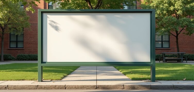 Blank signboard sits outside brick building. Campus area with green lawn, trees, sidewalk. Empty board for ads event flyers notices. Copy space for information.