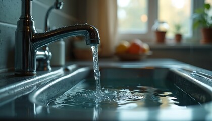Water flows from kitchen faucet into full sink, indicating a drain blockage problem. Household plumbing issue needs urgent attention and fixing.