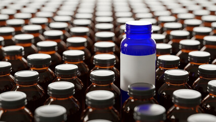 Obraz premium Single blue bottle standing out among many brown bottles in a creative arrangement