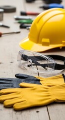 Essential personal protective equipment rests upon a weathered wooden surface