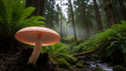 Fototapeta premium Closeup of a pink mushroom growing in a lush green forest with soft sunlight filtering through