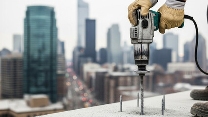 Construction worker using a power drill on a rooftop with a city skyline in the background