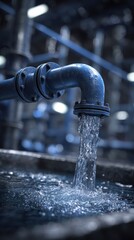 Vibrant photo of Industrial metal pipe pouring clean water into a tank in a factory setting