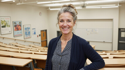 Cheerful female educator standing confidently in an empty classroom ready to teach students